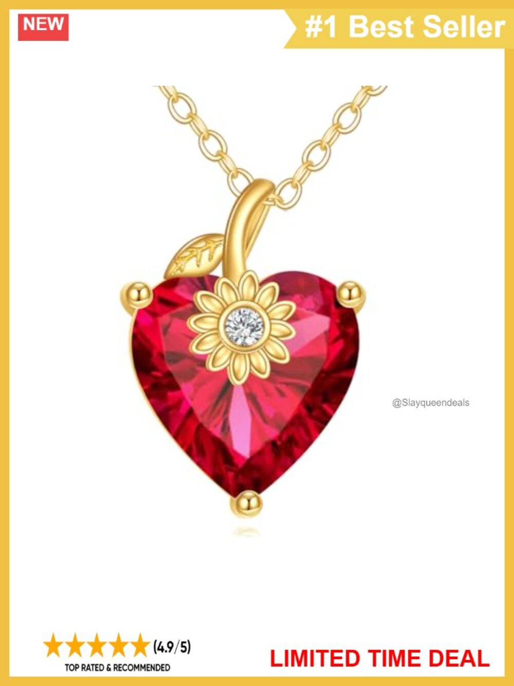 14K Solid Gold Heart Birthstone Necklace 3 Ct Created Ruby Sunflower Pendant